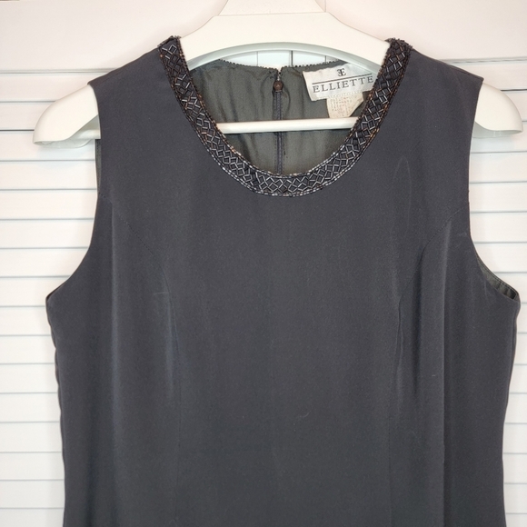 VTG ELLIETTE Silk Sheath Modest Dress Gown Black Embellish Neck Sleeveless Sz 10 - Picture 3 of 14
